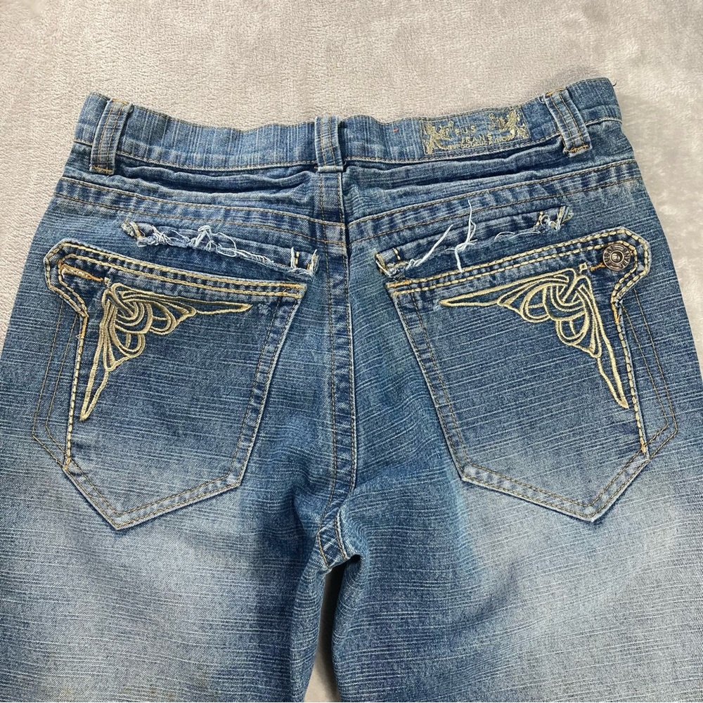 Y2K Fusai Streetwear Hip-Hop Skater Distressed Embroidered Baggy Jeans Sz 32x32